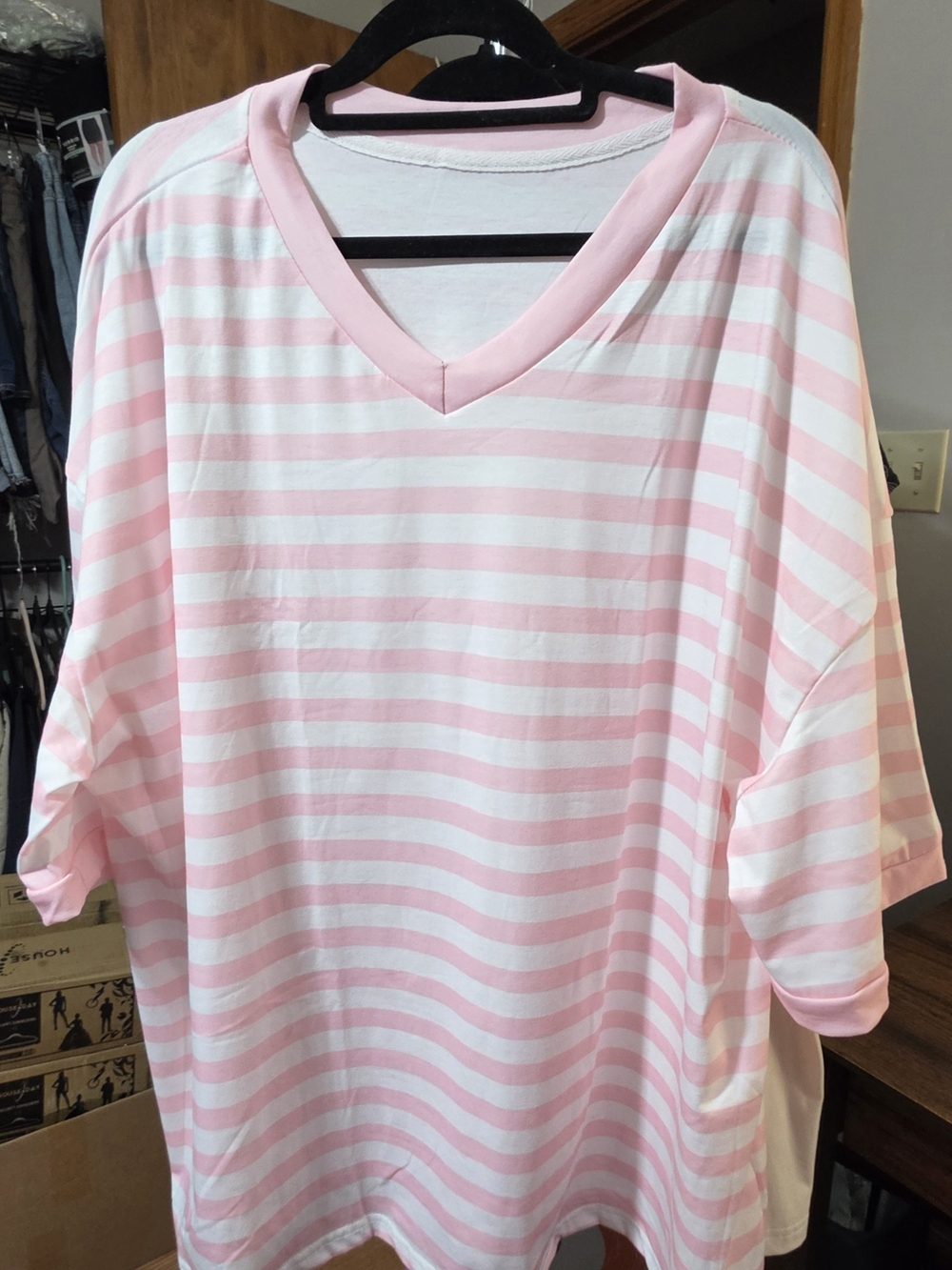 $Women's Pink and White Striped V-Neck Short Sleeve Tee